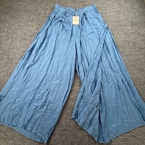 Raviya Women's Blue Wide Leg Split Pants Rayon Elastic Waist Size L NWT